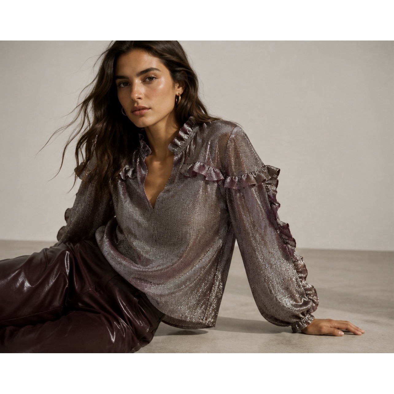 Marie Oliver Metallic Silk Blend Ruffle Blouse Burgundy Silver Shimmer Sz S $385
